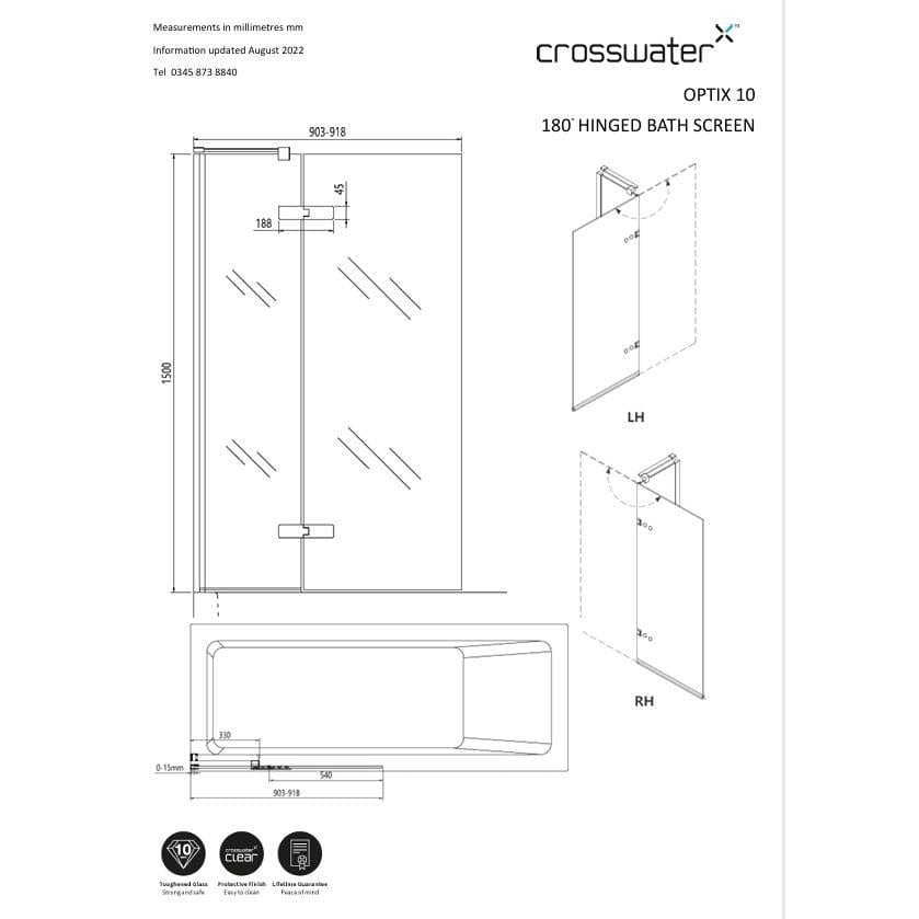 Crosswater Bath Screen Crosswater Optix 10 Bathscreen Single with Inline Panel 900mm