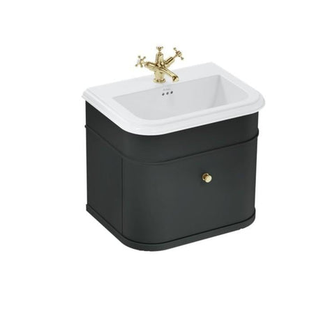 Burlington Wall Mounted Vanity Unit Matt Black / Ceramic Basin - 3 Tap Hole / Gold Burlington Chalfont 650mm Wall Mounted Single Drawer Vanity Unit with Basin