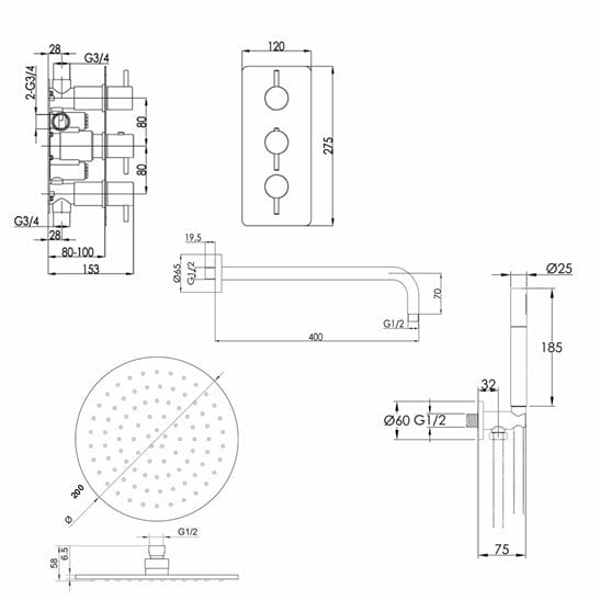 JTP Shower Set JTP VOS Thermostatic Concealed Dual Outlet, 2 Handle Shower Kit with Showerhead and Headset