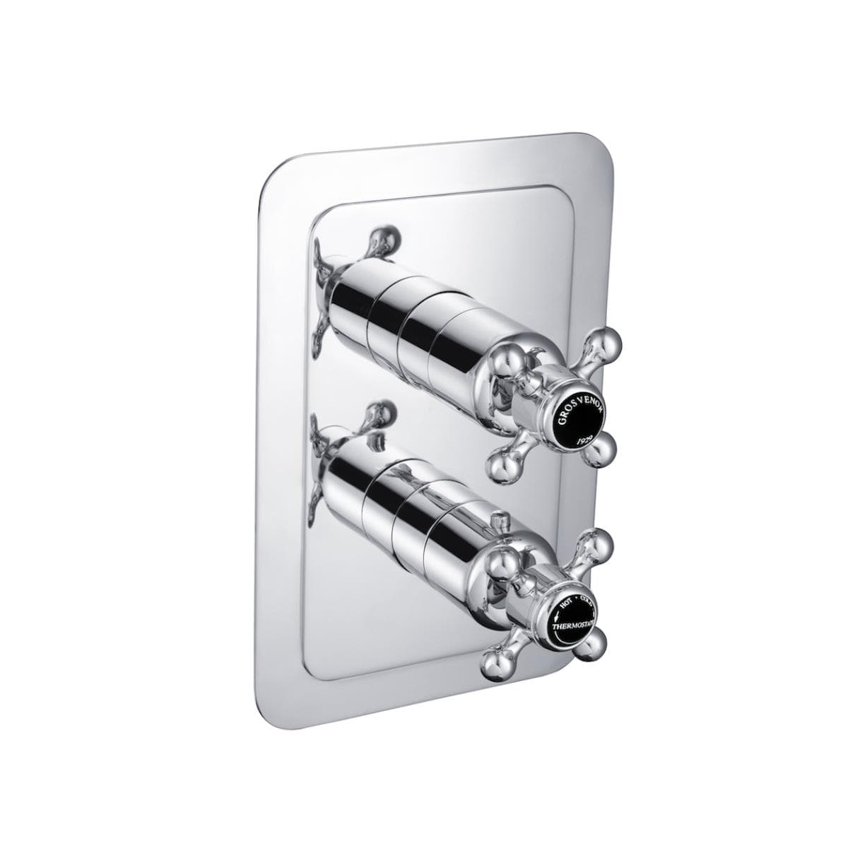 JTP Concealed Shower Valve Chrome with Black Indices JTP Grosvenor Cross 2 Outlet, 2 Handle, Thermostatic Vertical Concealed Thermostatic Shower Valve