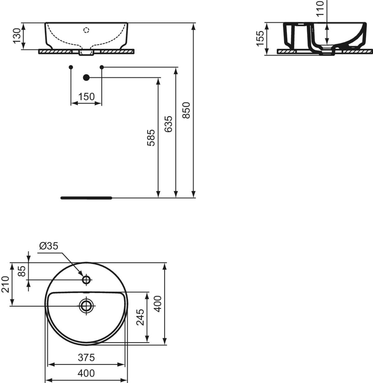 Ideal Standard i.life O Round 400mm 1 Tap Hole Countertop Basin in White Gloss