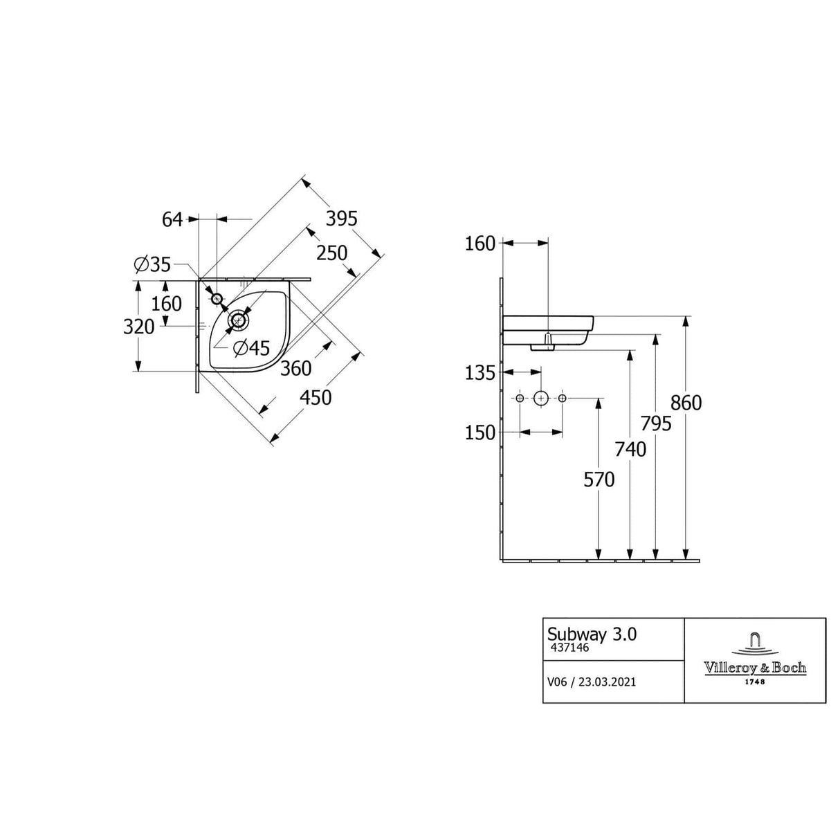 Villeroy & Boch Cloakroom Basin Villeroy & Boch Subway 3.0 1 Taphole Corner Cloakroom Basin in White Alpin