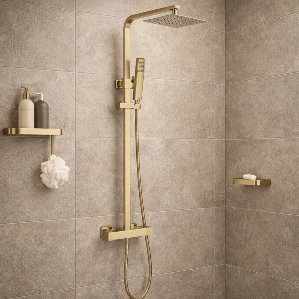 Aquarius Bathrooms Exposed Shower Set Brushed Brass Aquarius RainLux Cool Touch Adjustable Square Exposed Shower Valve and Kit