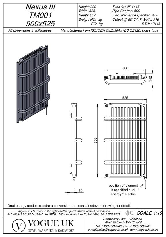 Vogue Designer Towel Radiator Vogue Nexus III Straight Designer Towel Radiator - 900 x 525mm - Chrome