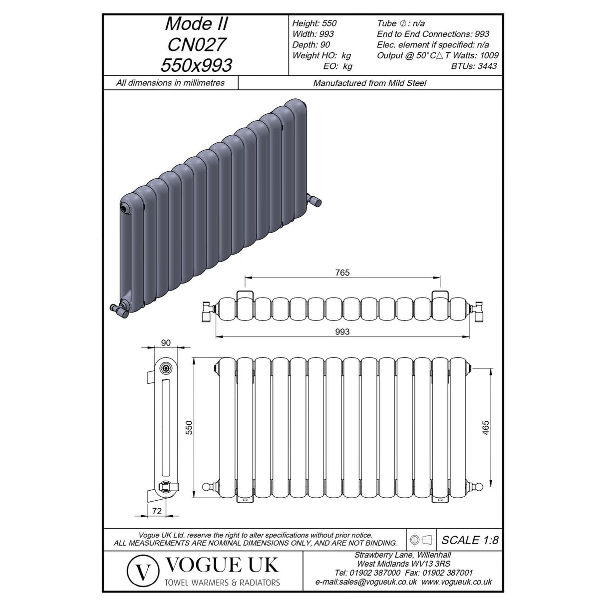 Vogue Column Radiators 450 x 993mm Vogue Mode II Traditional 2 Column Radiator in White