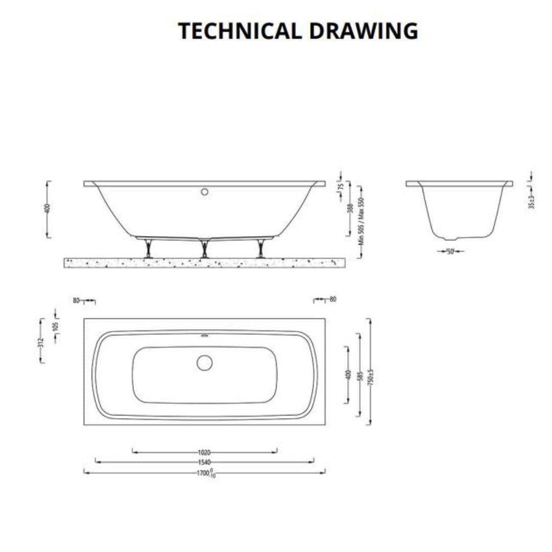 Aquarius Double Ended Bath 1700 x 750mm Aquarius Agar Double Ended Standard Bath