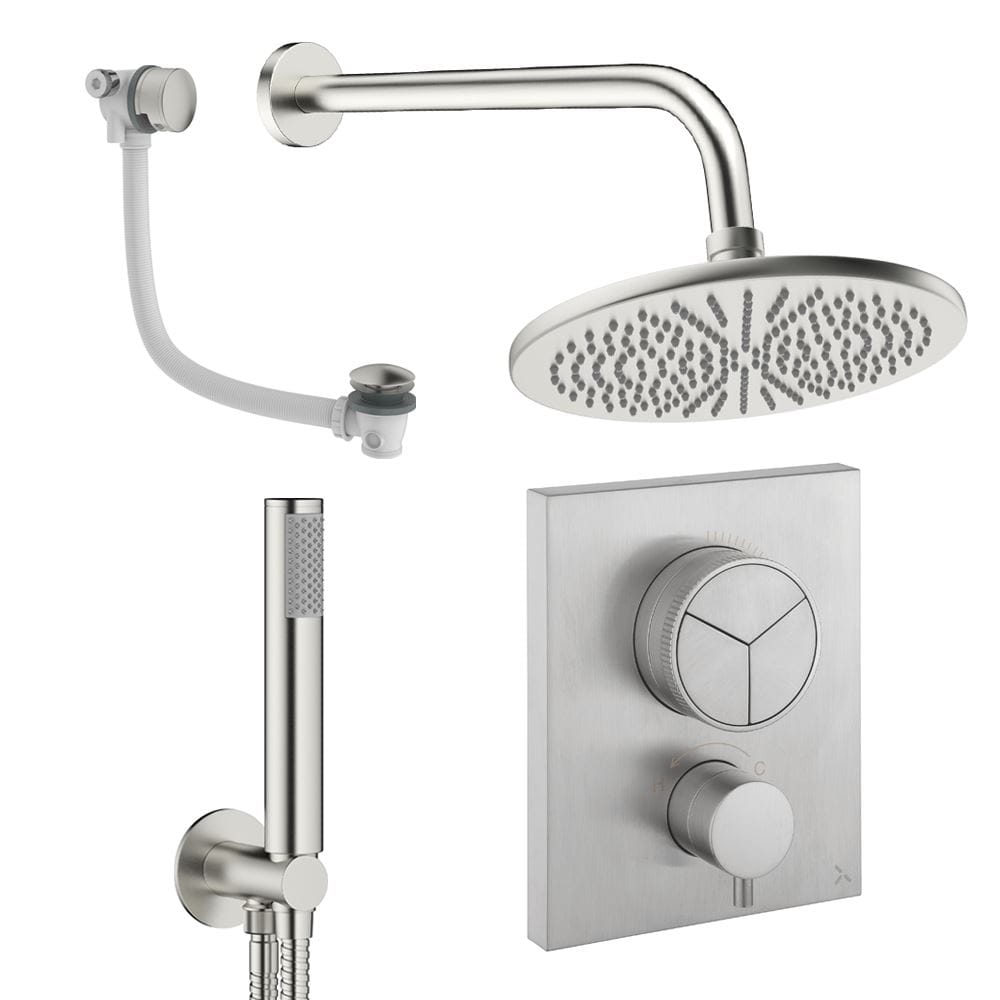 UK Bathroom Store Concealed Shower Set Brushed Nickel / Wall Arm / 300mm Crosswater Crossbox Push Shower Set 7 - 3 Outlet with Fixed Overhead Shower, Pencil Handset and Overflow Bath Filler Waste