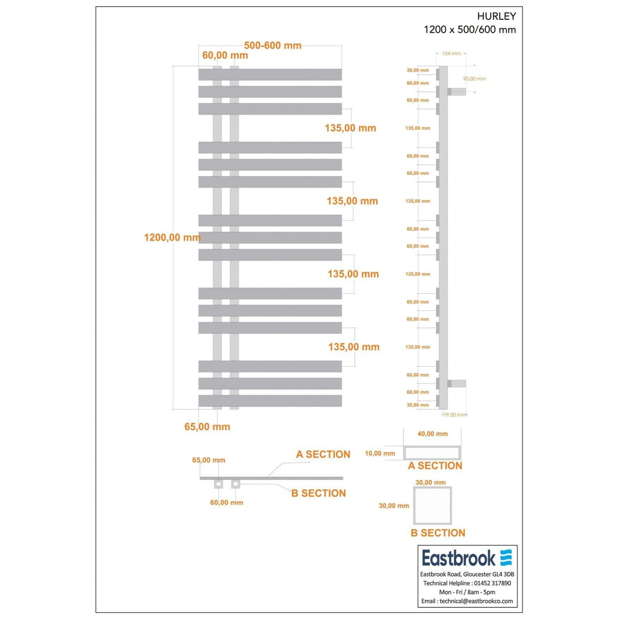 Eastbrook Designer Towel Radiator Eastbrook Hurley Vertical Straight Heated Towel Rail - 1200 x 600mm - Matt Cappuccino