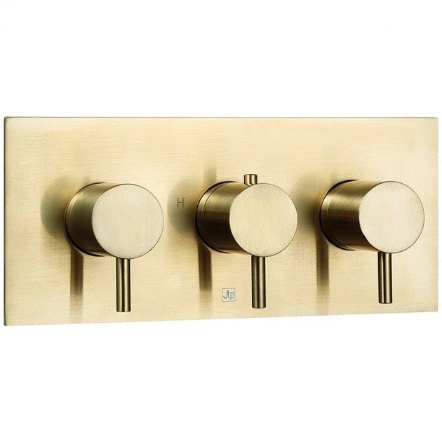 JTP Concealed Shower Valve Brushed Brass JTP VOS 3 Outlet, 3 Handle, Horizontal Concealed Thermostatic Shower Valve