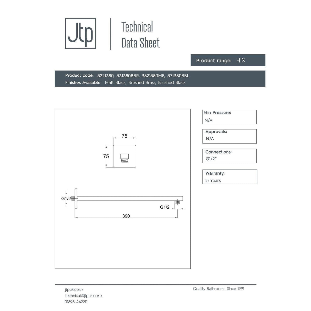 JTP Fixed Shower Arm JTP HIX Wall Mounted Shower Arm