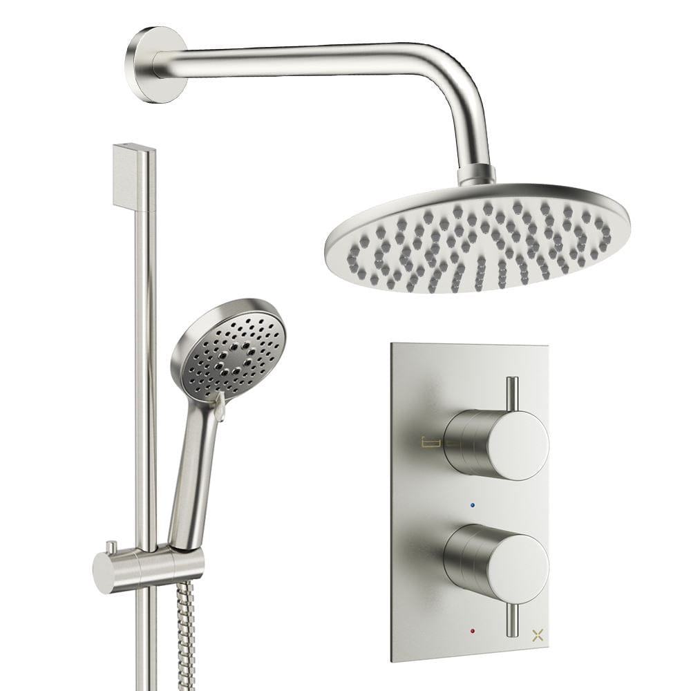 Crosswater Concealed Shower Set Brushed Nickel / Wall Arm / 200mm Crosswater Design 2 Handle 2 Outlet Shower Set 4 with Rainfall Head and Slide Rail Kit