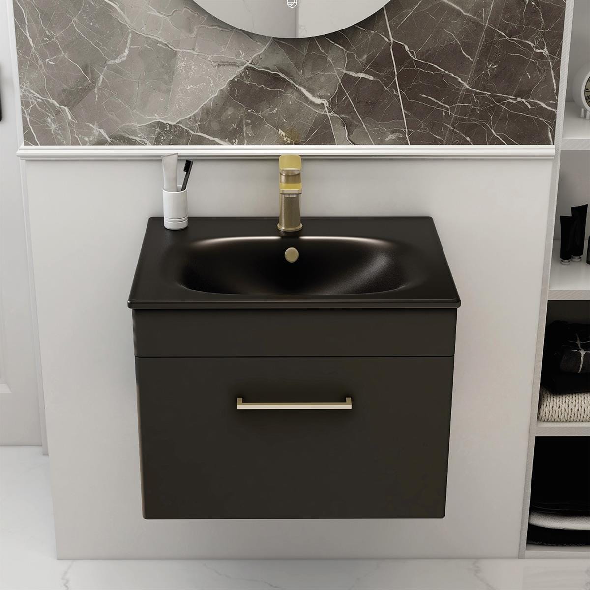 Imex Wall Mounted Vanity Unit Matt Black / Black Imex Croma Wall Mounted Single Drawer 600mm Vanity Unit with 1 Tap Hole Basin