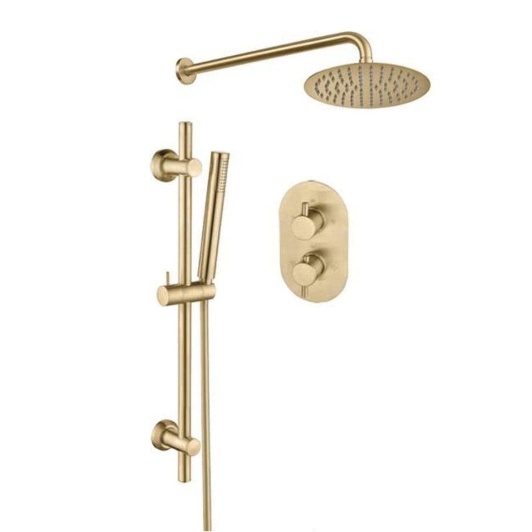 Aquarius Concealed Shower Set Brushed Brass Aquarius Modern Round Shower Bundle With Riser