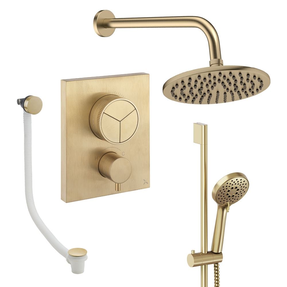 UK Bathroom Store Concealed Shower Set Brushed Brass / Wall Arm / 200mm Crosswater Crossbox Push Shower Set 8 - 3 Outlet with Fixed Overhead Shower, Slide Rail Kit and Overflow Bath Filler Waste