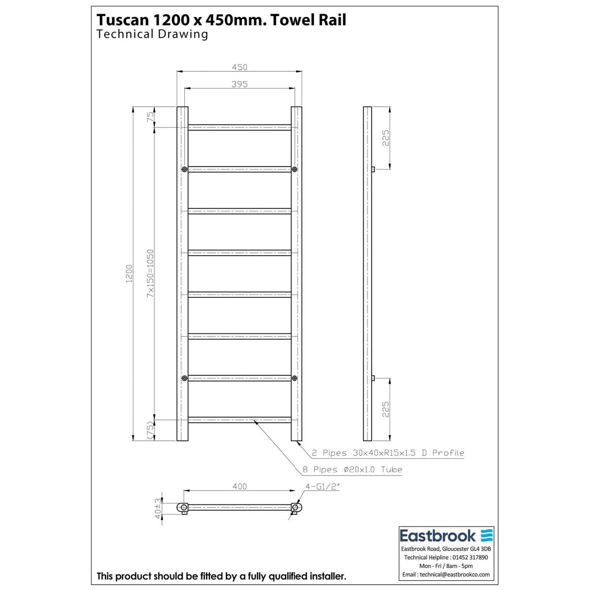 Eastbrook Eastbrook Tuscan Vertical Straight Heated Towel Rail - 1200 x 450mm in Chrome