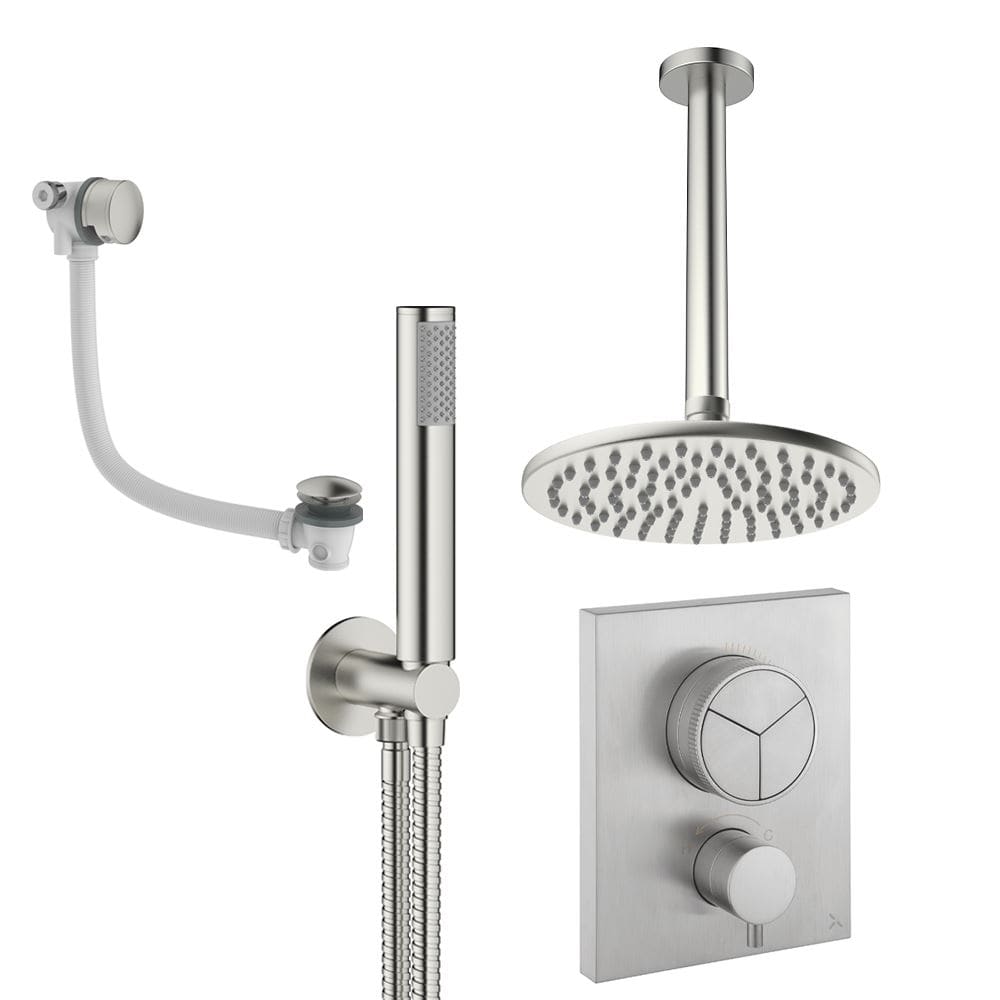 UK Bathroom Store Concealed Shower Set Brushed Nickel / Ceiling Arm / 200mm Crosswater Crossbox Push Shower Set 7 - 3 Outlet with Fixed Overhead Shower, Pencil Handset and Overflow Bath Filler Waste