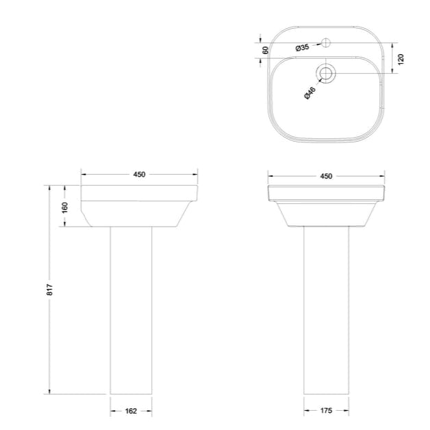 Britton Pedestal Basin Britton Curve2 450mm 1 Tap Hole Basin