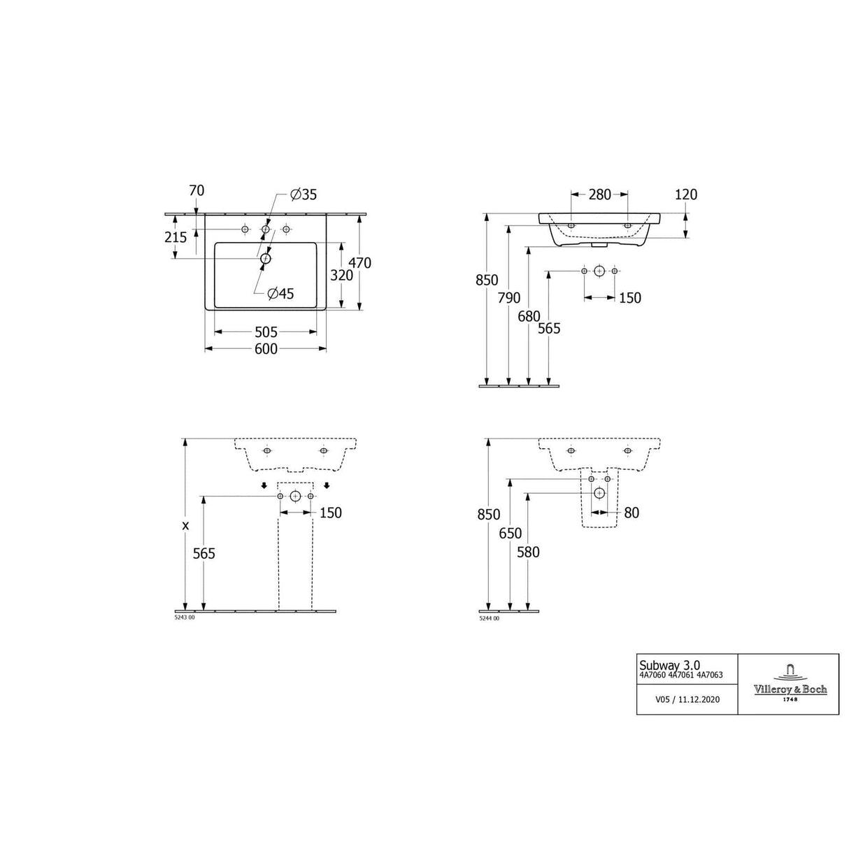 Villeroy & Boch Subway 3.0 Wall Hung 600mm Two Drawer Vanity Unit with Basin