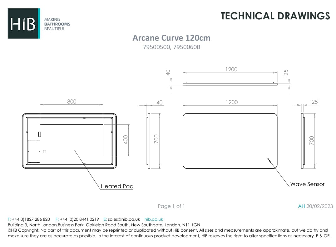 HiB Illuminated Mirror 700 x 1200mm / Black HiB Arcane Curve LED Illuminated Mirror