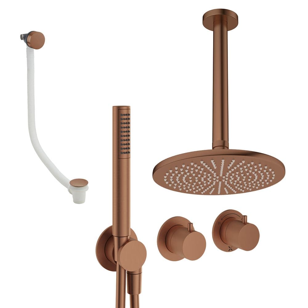 UK Bathroom Store Concealed Shower Set Brushed Bronze / Ceiling Arm / 300mm Crosswater Module Shower Set 9 - 3 Outlet with Pencil Handset, Overhead Shower and Overflow Filler