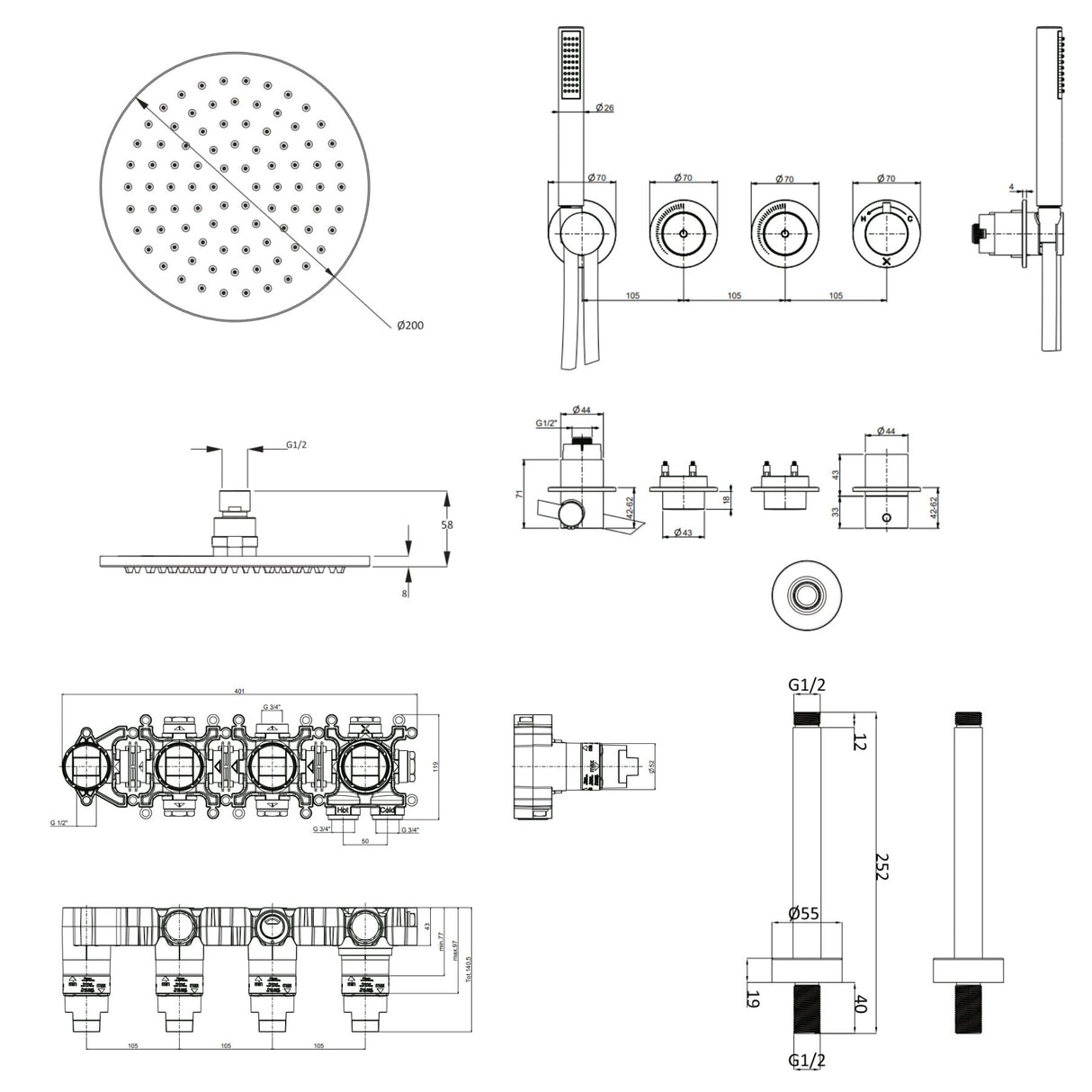 UK Bathroom Store Concealed Shower Set Crosswater Module Shower Set 8 - 2 Outlet with Pencil Handset and Overhead Shower
