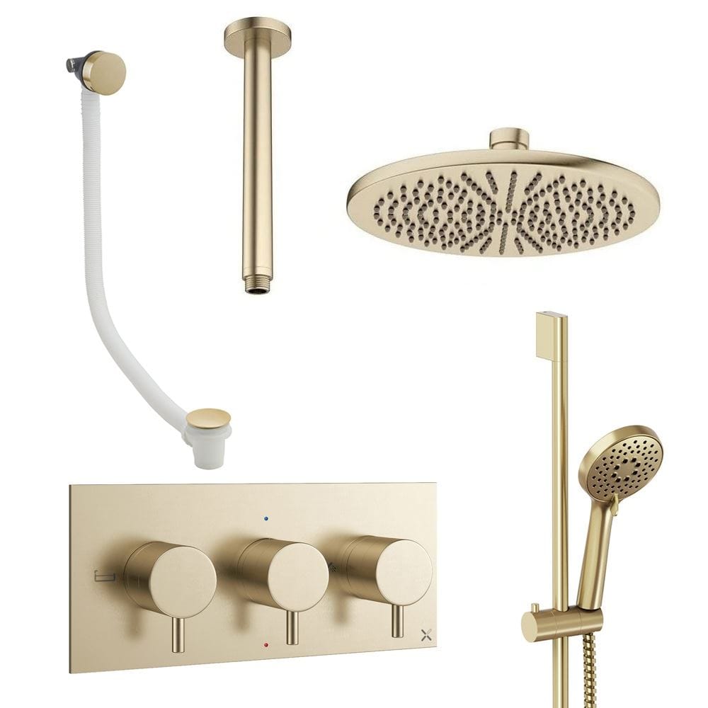 Crosswater Concealed Shower Set Brushed Brass / Ceiling Arm / 300mm Crosswater Design 3 Handle 3 Outlet Shower Set 9 with Slide Rail Kit, Rainfall Head and Overflow Bath Filler