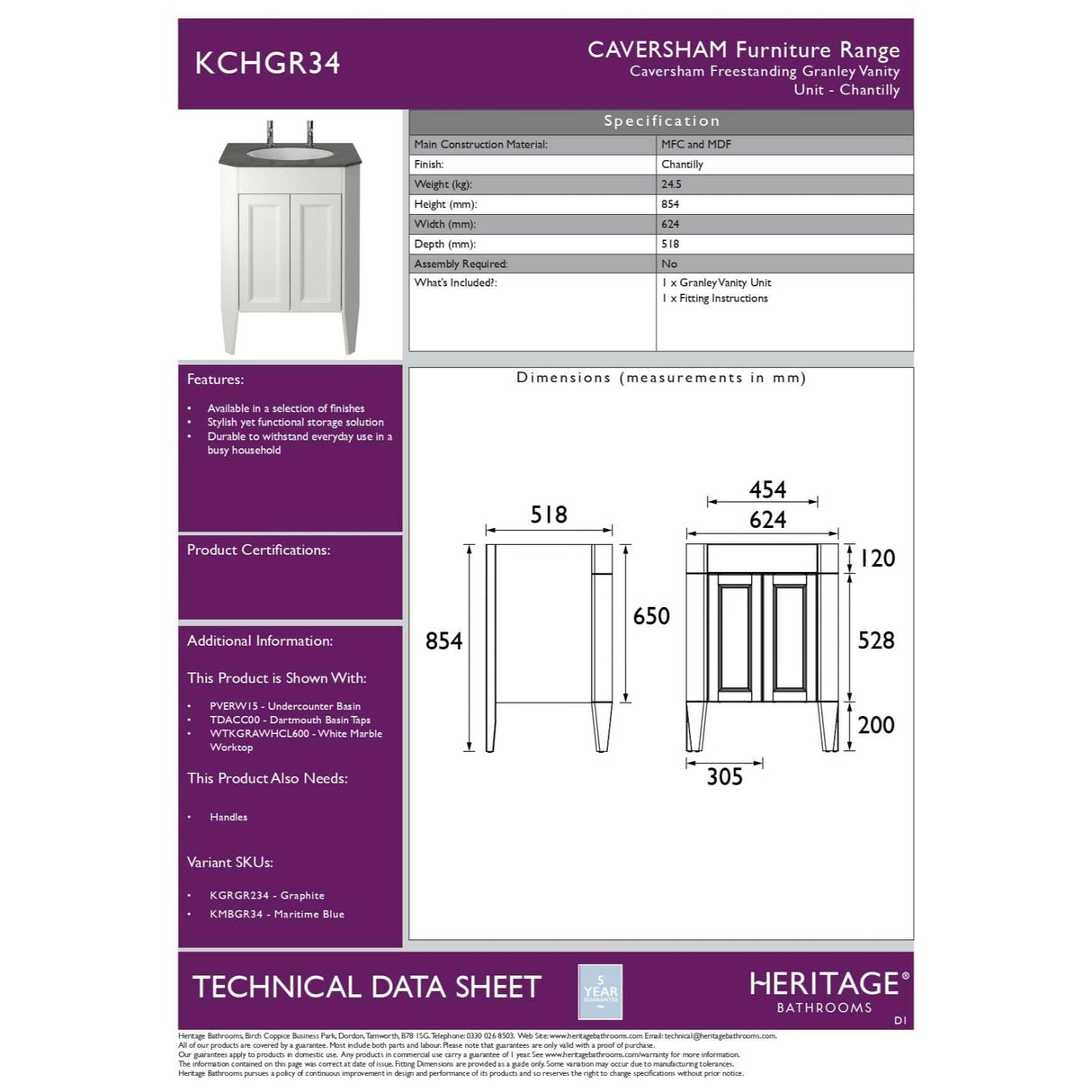 Heritage Floor Standing Vanity Unit Heritage Caversham 600mm Floor Standing Granley Vanity Unit with Worktop and Undercounter Basin