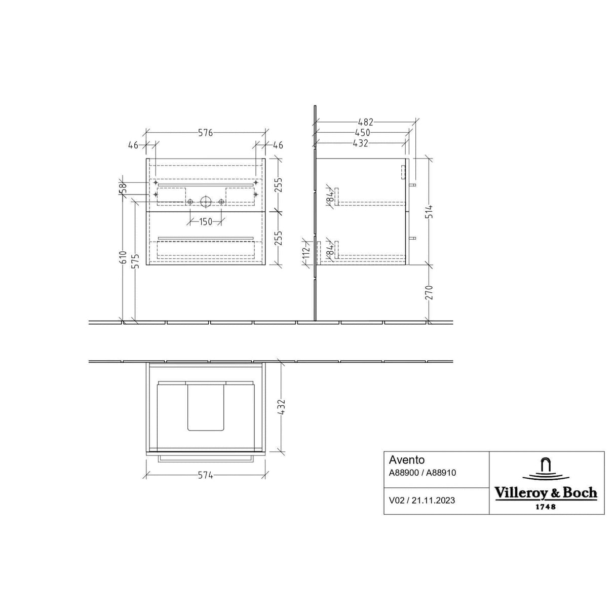Villeroy & Boch Avento Wall Hung Vanity Unit 580mm Two Drawers with Basin