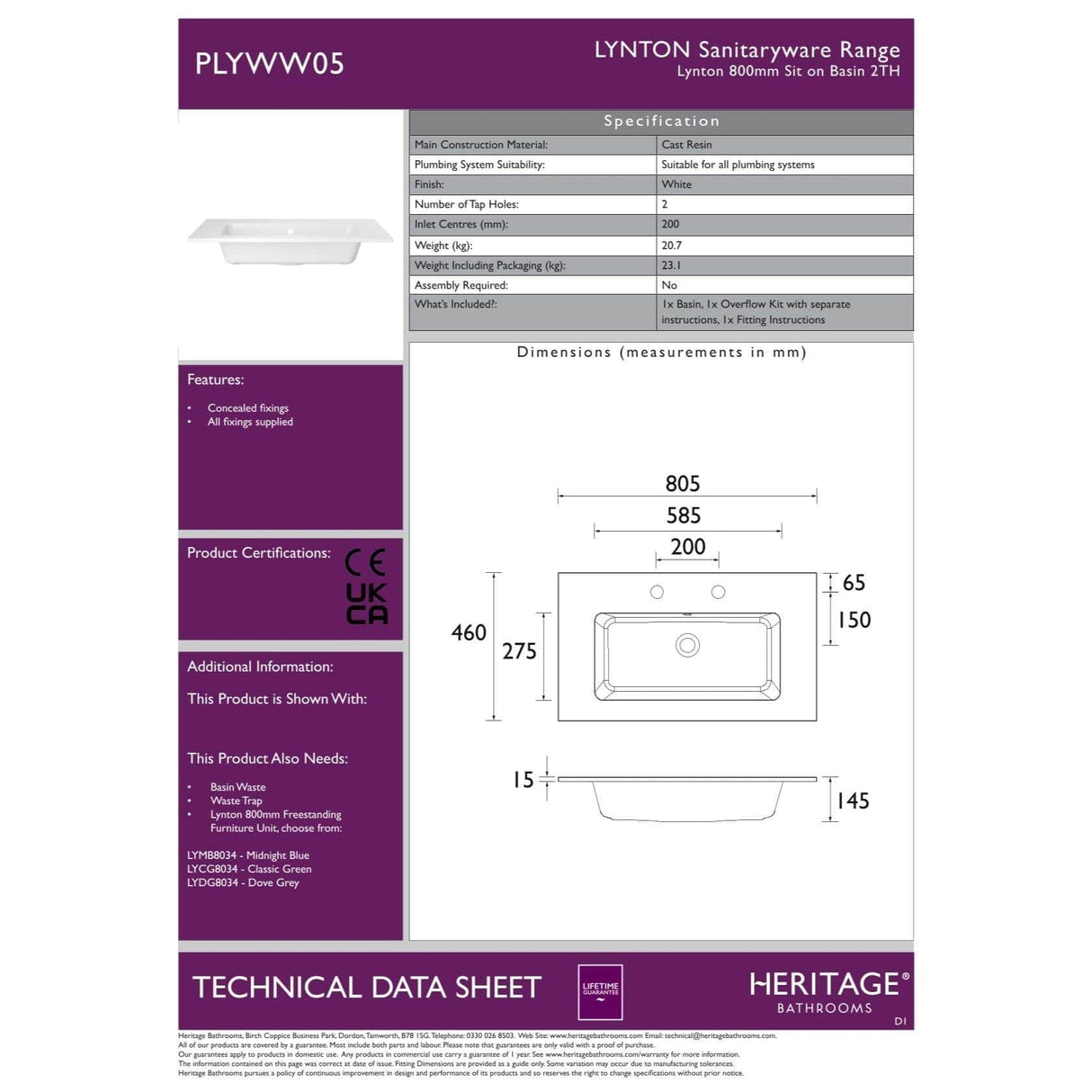 Heritage Wall Mounted Vanity Unit Heritage Lynton 600mm Wall Mounted Vanity Unit with Basin