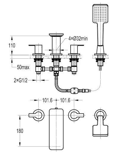 Flova 4 Tap Hole Bath Set Flova Spring 4 Hole Bath and Shower Mixer with Shower Set in Diamond Chrome