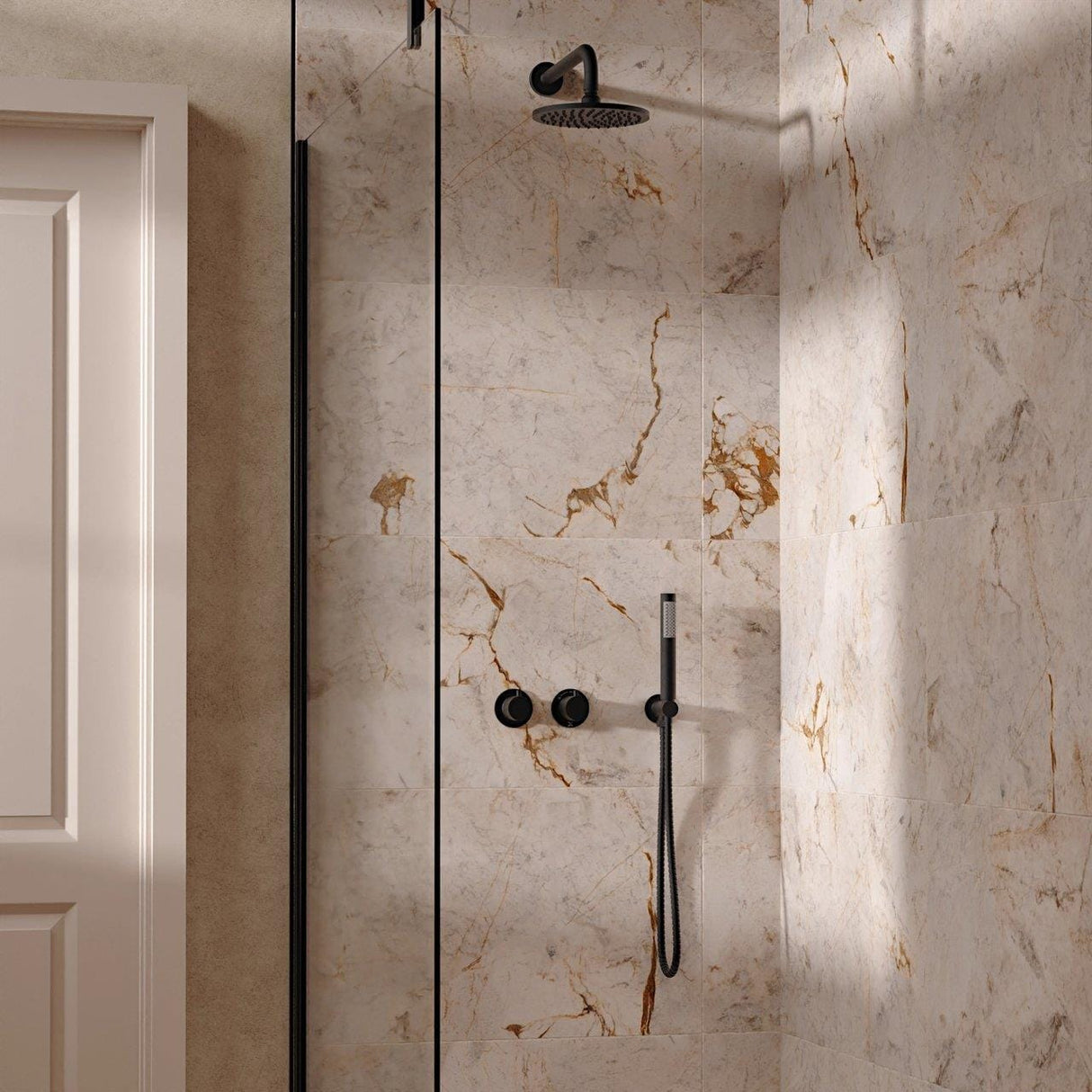UK Bathroom Store Concealed Shower Set Matt Black / Wall Arm / 200mm Crosswater Module Shower Set 1 with Fixed Head and Pencil Handset