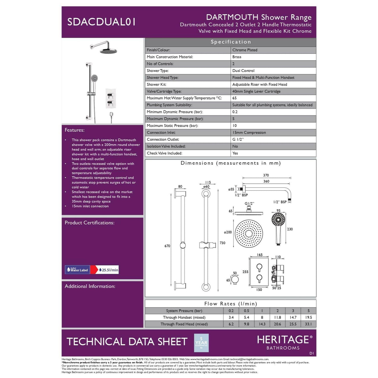 Heritage Concealed Shower Set Heritage Dartmouth Concealed Shower Set with Fixed Shower Head and Riser Kit