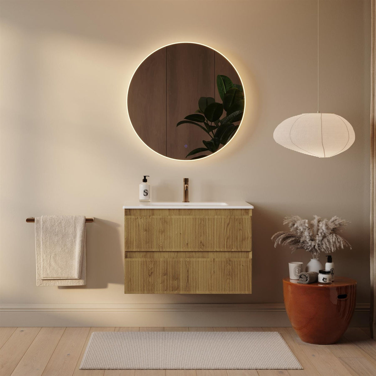 Saneux Wall Mounted Vanity Unit 1 Tap Hole Basin Saneux Monument 800mm Wall Mounted Two Drawer Vanity Unit in Portland Oak with Basin or Worktop