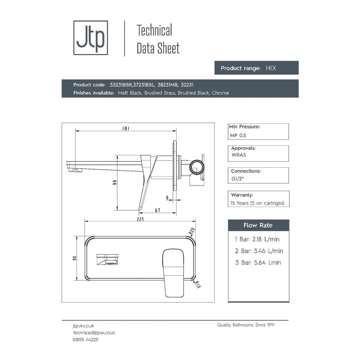 JTP Wall Mounted Basin Tap JTP HIX Single Lever Wall Mounted Basin Mixer Tap