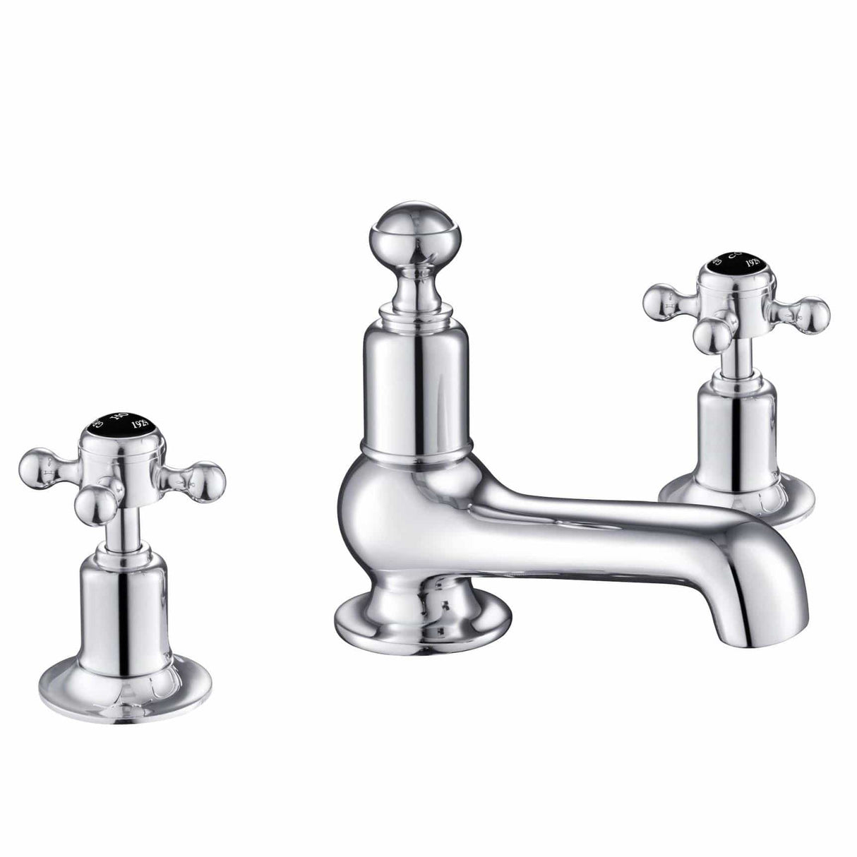 JTP 3 Tap Hole Basin Set Chrome with Black Indices JTP Grosvenor Cross Deck Mounted 3 Hole Basin Mixer Tap