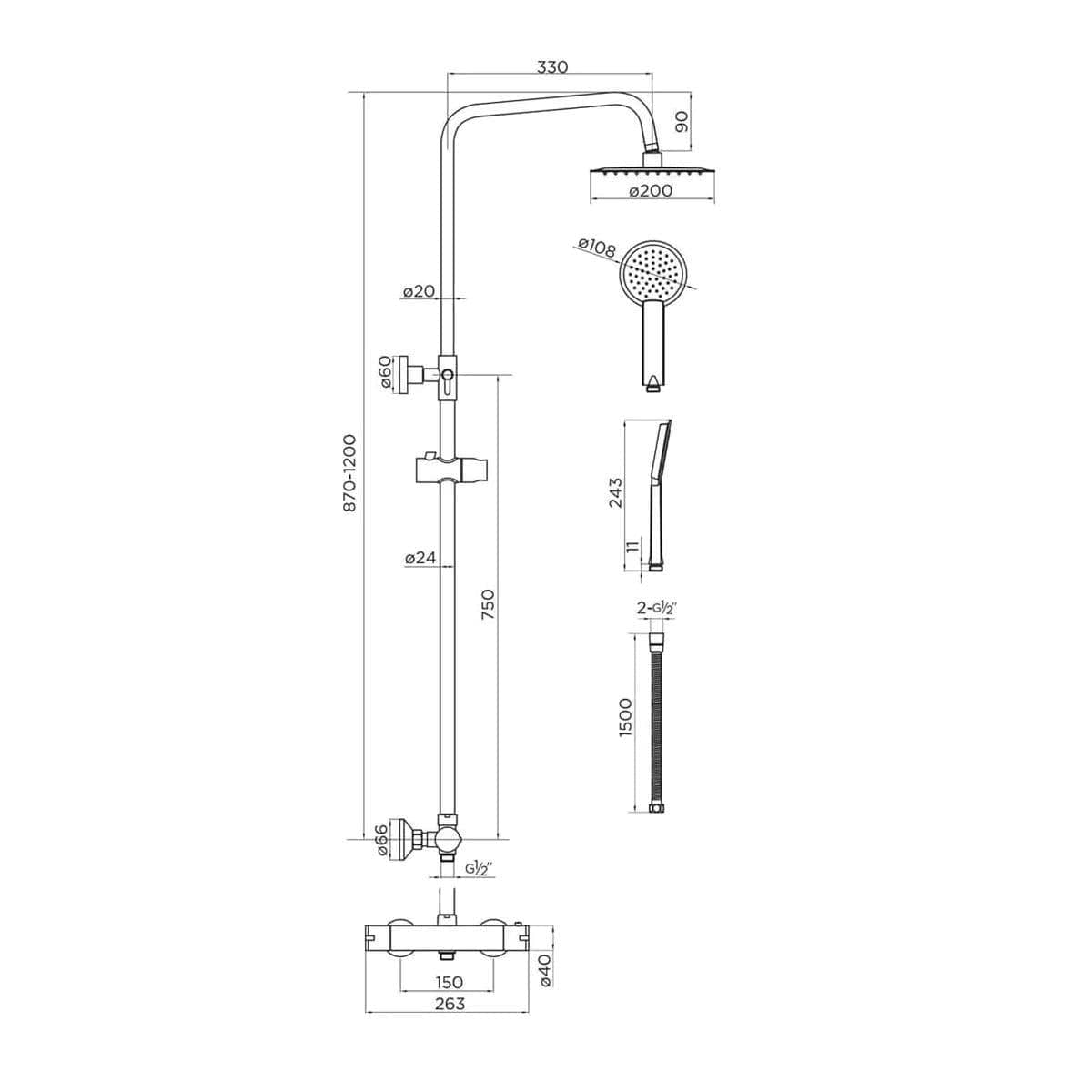 Aquadart Exposed Shower Set Aquadart Equate Exposed Thermostatic Shower Set with Adjustable Riser, Shower Head and Handset in Chrome