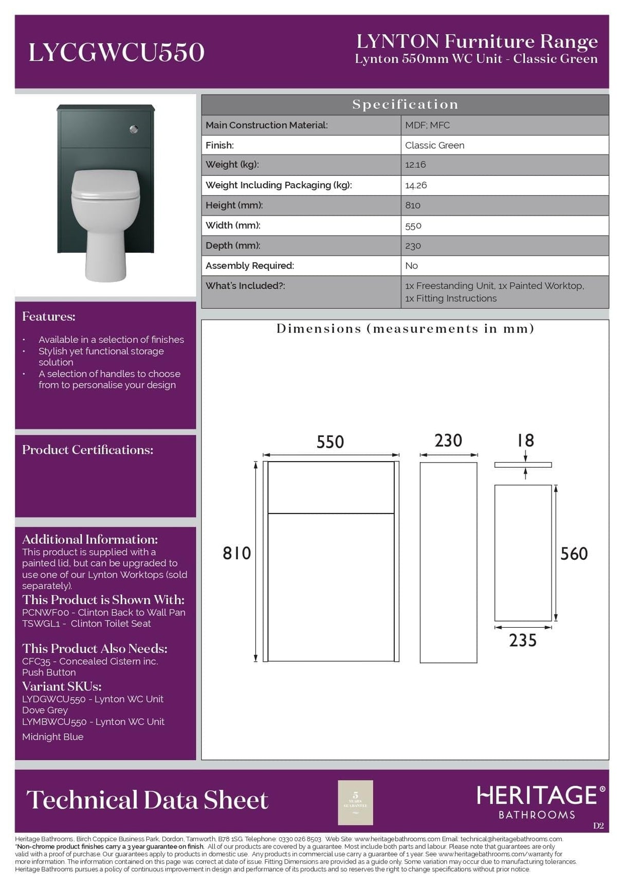 Heritage WC Back to Wall Unit Heritage Lynton WC Unit - 550mm Wide