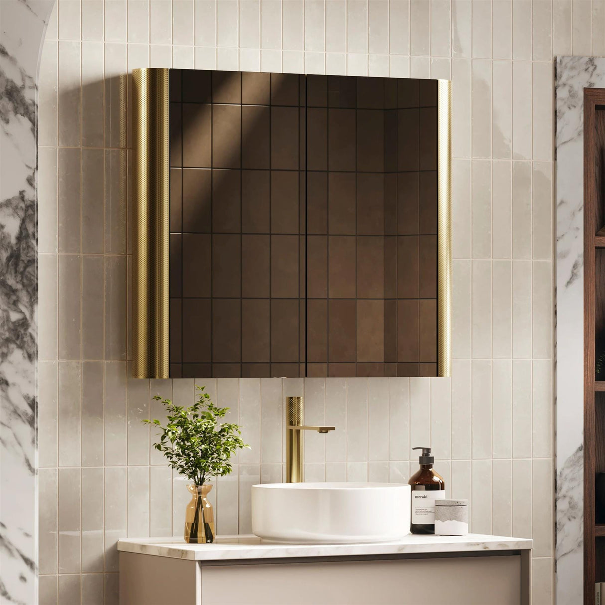HiB Mirrored Cabinet Brushed Brass / 800 x 700mm HiB Bastille Mesh LED Mirror Cabinet