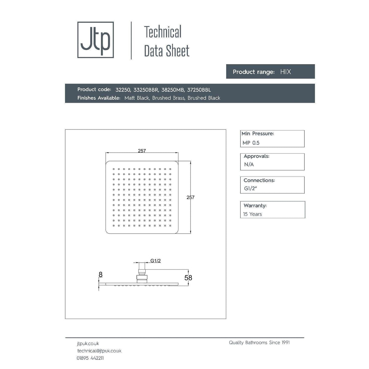 JTP Fixed Shower Head JTP HIX 250mm Square Shower Head