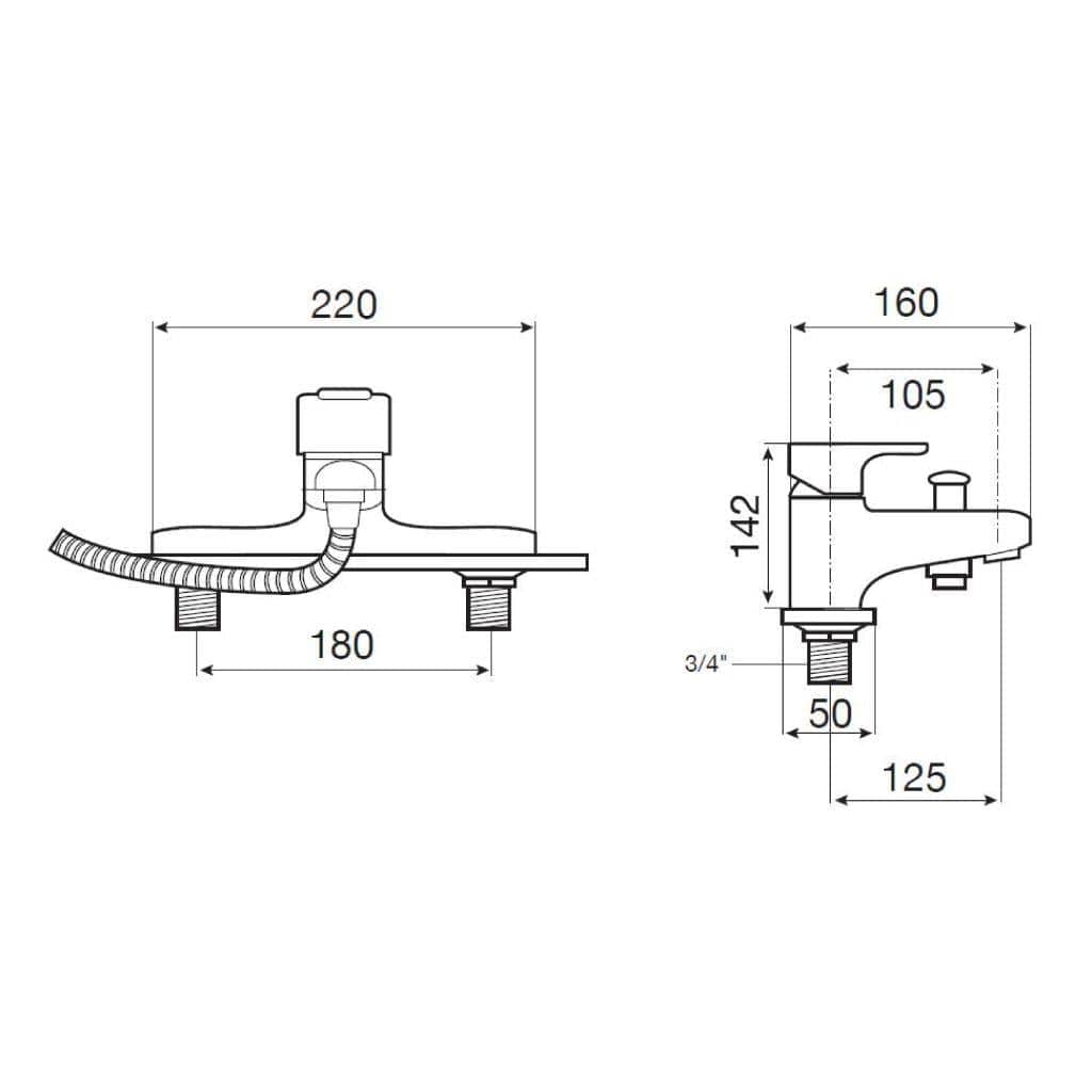 Roca Bath Shower Mixer Roca L20 Deck Mounted Bath and Shower Mixer Tap with Handset, Hose and Bracket