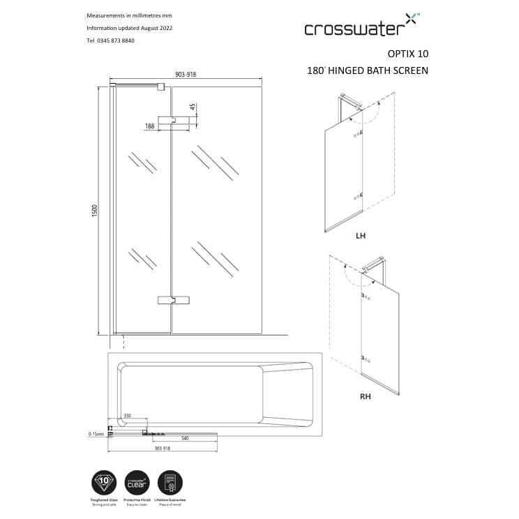 Crosswater Bath Screen Brushed Bronze / Right Handed / 180 Degree Opening Crosswater Optix 10 Bathscreen Single with Inline Panel 900mm