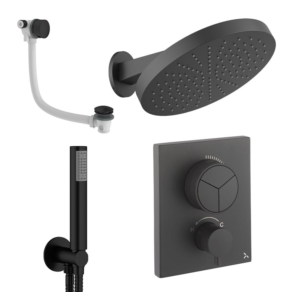 UK Bathroom Store Concealed Shower Set Matt Black Crosswater Crossbox Push Shower Set 9 - 3 Outlet with Revive Steel Overhead Shower, Pencil Handset and Oveflow Bath Filler Waste