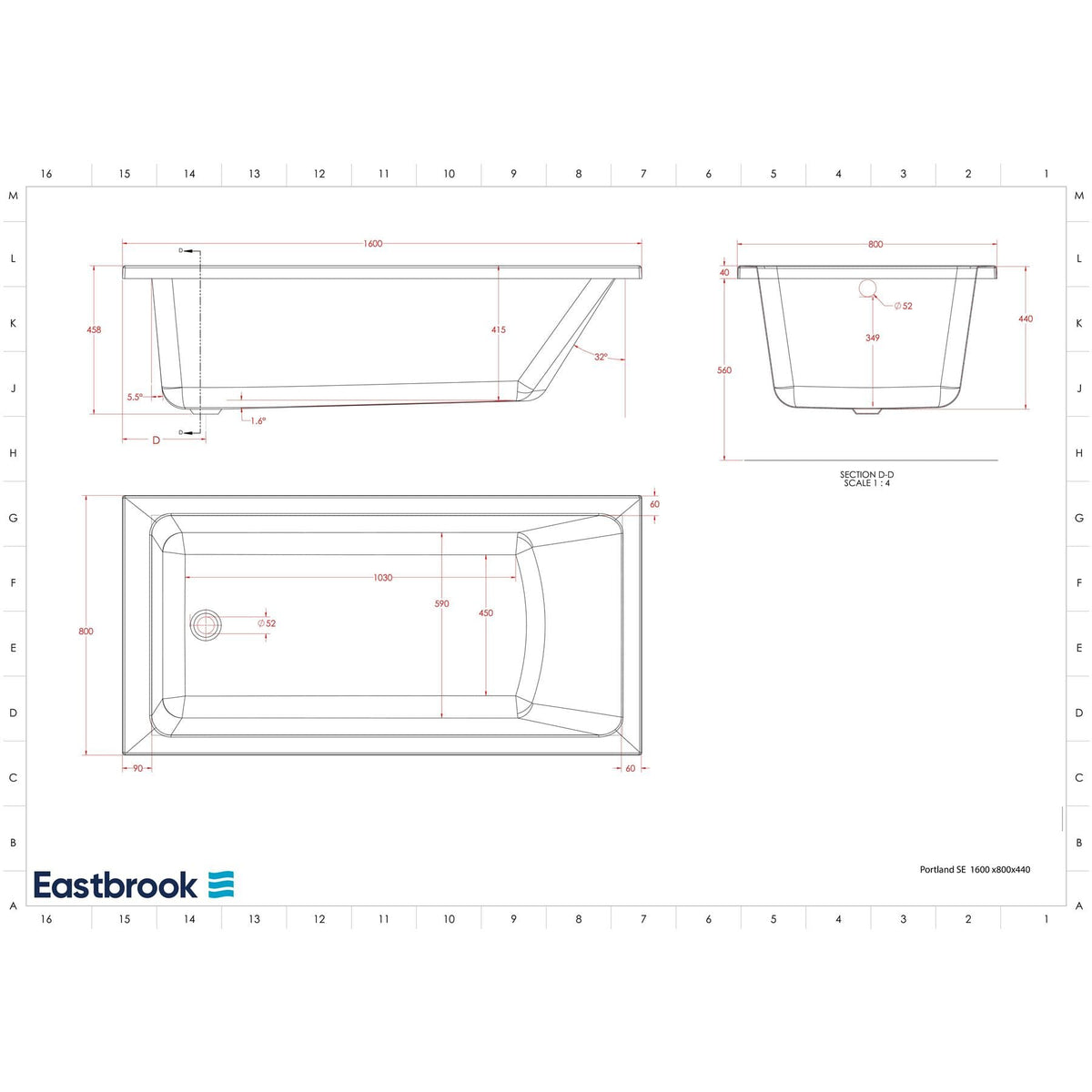 Eastbrook Portland Single Ended Bath 1600 x 800mm in 5mm White Acrylic