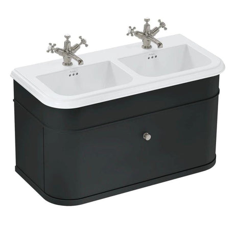 Burlington Double Sink Vanity Unit Matt Black / Ceramic Basin - 3 Tap Hole / Brushed Nickel Burlington Chalfont 1000mm Wall Mounted Single Drawer Vanity Unit with Double Basin