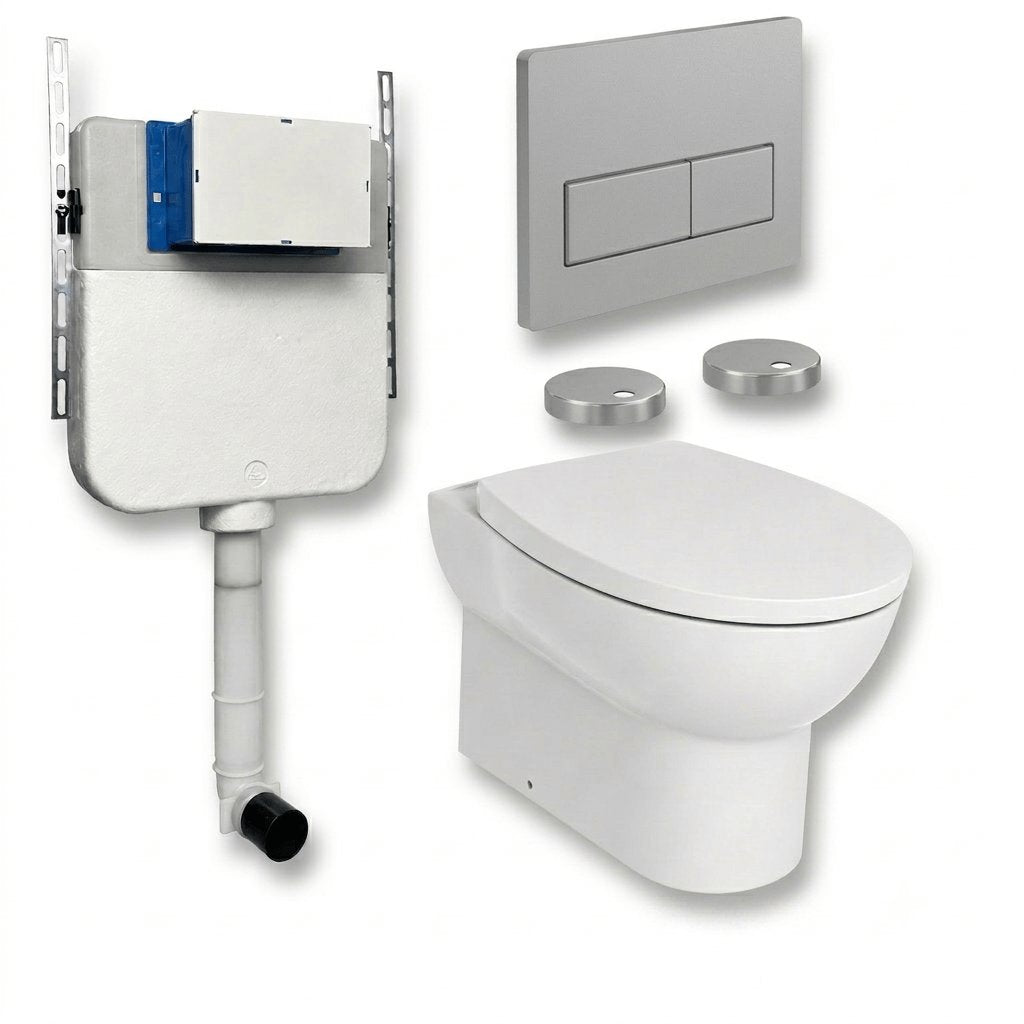 Aquarius Bathrooms Back To Wall Toilet Chrome / Square Aquarius Urbano Rimless Back to Wall Toilet Pack with Cistern, Flush Plate, Soft Closing Seat and Hinge Covers