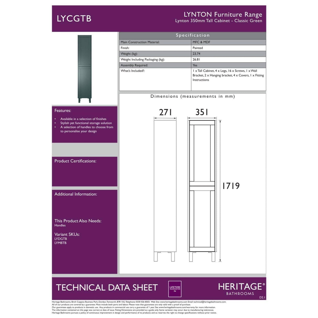 Heritage Storage Unit Heritage Lynton Floor Standing Tall Cabinet 350mm Wide