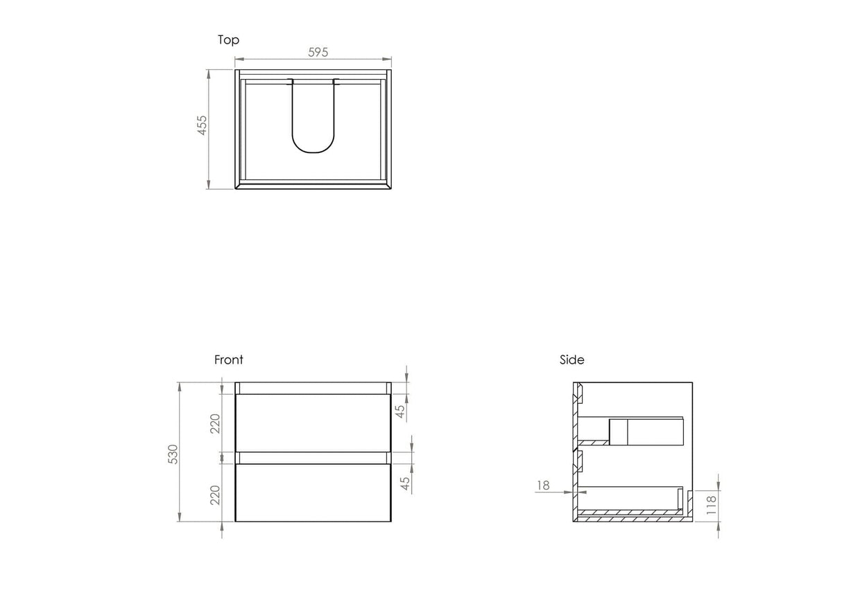 Saneux Wall Mounted Vanity Unit Saneux Uni Vanity Unit With Basin - 600 x 470mm - Two Drawer - Wall Mounted