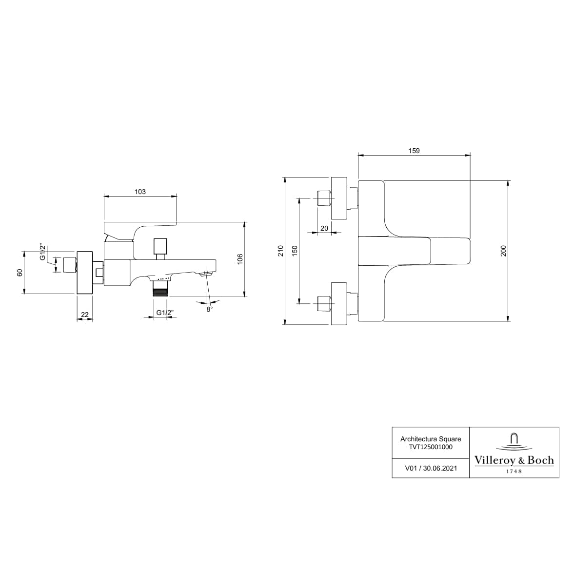 Villeroy & Boch Bath Shower Mixer Villeroy & Boch Architectura Square Wall Mounted Bath and Shower Mixer Tap