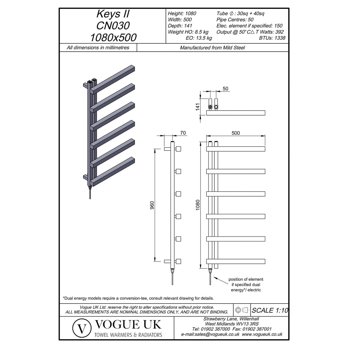 Vogue Designer Towel Radiator 1080 x 500 / Central Heating Vogue Keys II Straight Designer Towel Radiator in Chrome