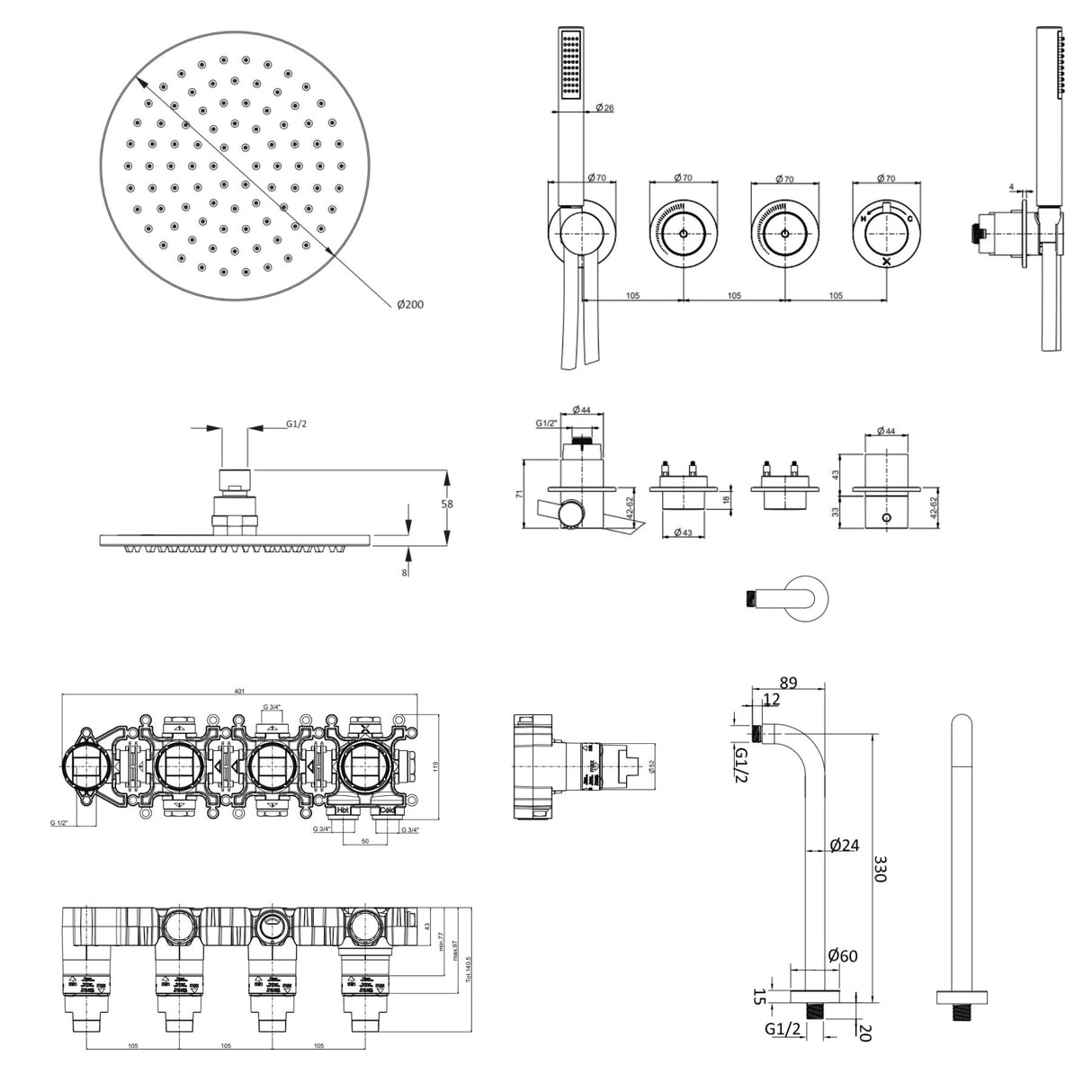 UK Bathroom Store Concealed Shower Set Crosswater Module Shower Set 8 - 2 Outlet with Pencil Handset and Overhead Shower